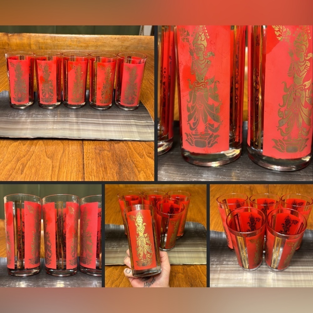 Vintage Mid Century Culver Red and Gold Thai Goddess Tumbler Glasses Set of 5